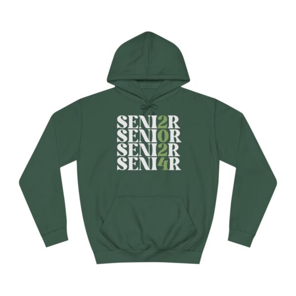 A green hoodie with the word "SENIOR" written multiple times in white block letters with a stylized "2" in place of the "E" in each instance, against a white background.