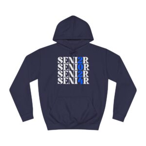 A navy blue hoodie with the word "SENIOR" printed vertically in various shades of blue and patterns, with some letters replaced by the number "2" or "4".