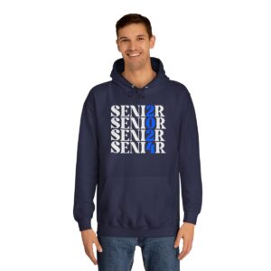 A smiling man wearing a dark blue hoodie with the word "SENIOR" repeated in different sizes and orientations, with the letter "O" replaced by the number "2" in one instance.