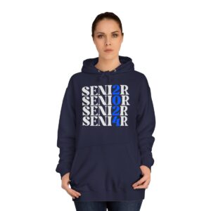 A woman wearing a navy blue hoodie with the word "SENIOR" printed in a repeating pattern, with one instance highlighted in blue.