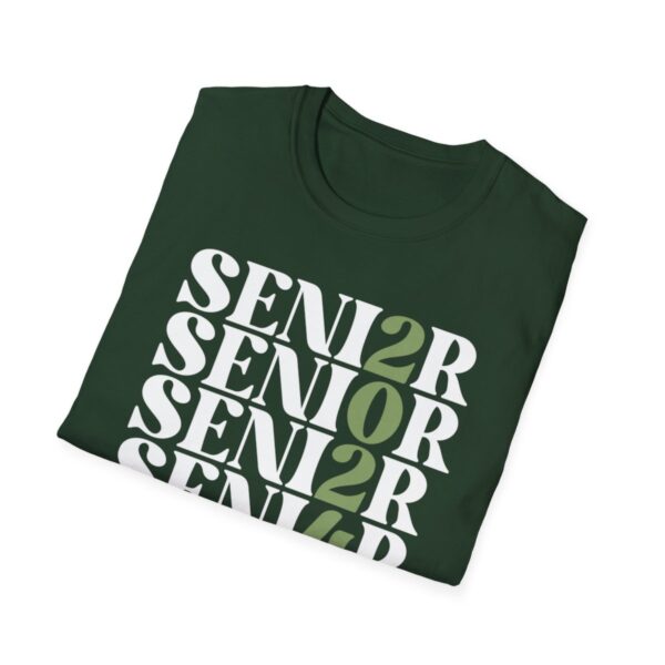 A green folded t-shirt with the word "SENIOR" repeatedly printed in white block letters in a staggered pattern.