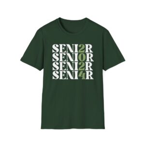 A dark green t-shirt with the word "SENIOR" repeatedly printed in staggered white letters, with some letters replaced by the number "2" and "4".