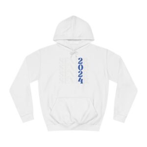 White hoodie with the text "SENIOR 2024" printed vertically in blue letters.