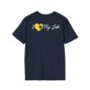 A navy blue T-shirt with the phrase "I [yellow heart with a black paw print] My Job" printed in yellow and white lettering on the back.