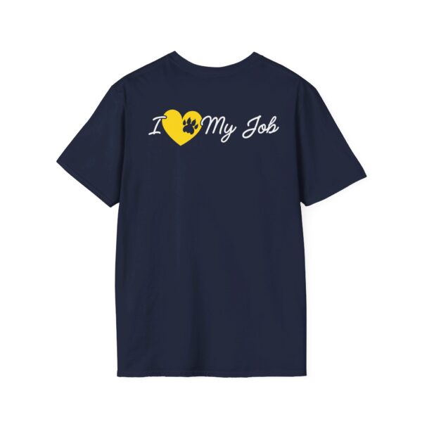 A navy blue T-shirt with the phrase "I [yellow heart with a black paw print] My Job" printed in yellow and white lettering on the back.