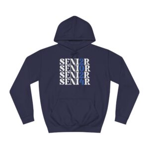 Navy blue hoodie with the word "SENIOR" printed in bold white letters, stacked vertically multiple times with varying opacity.